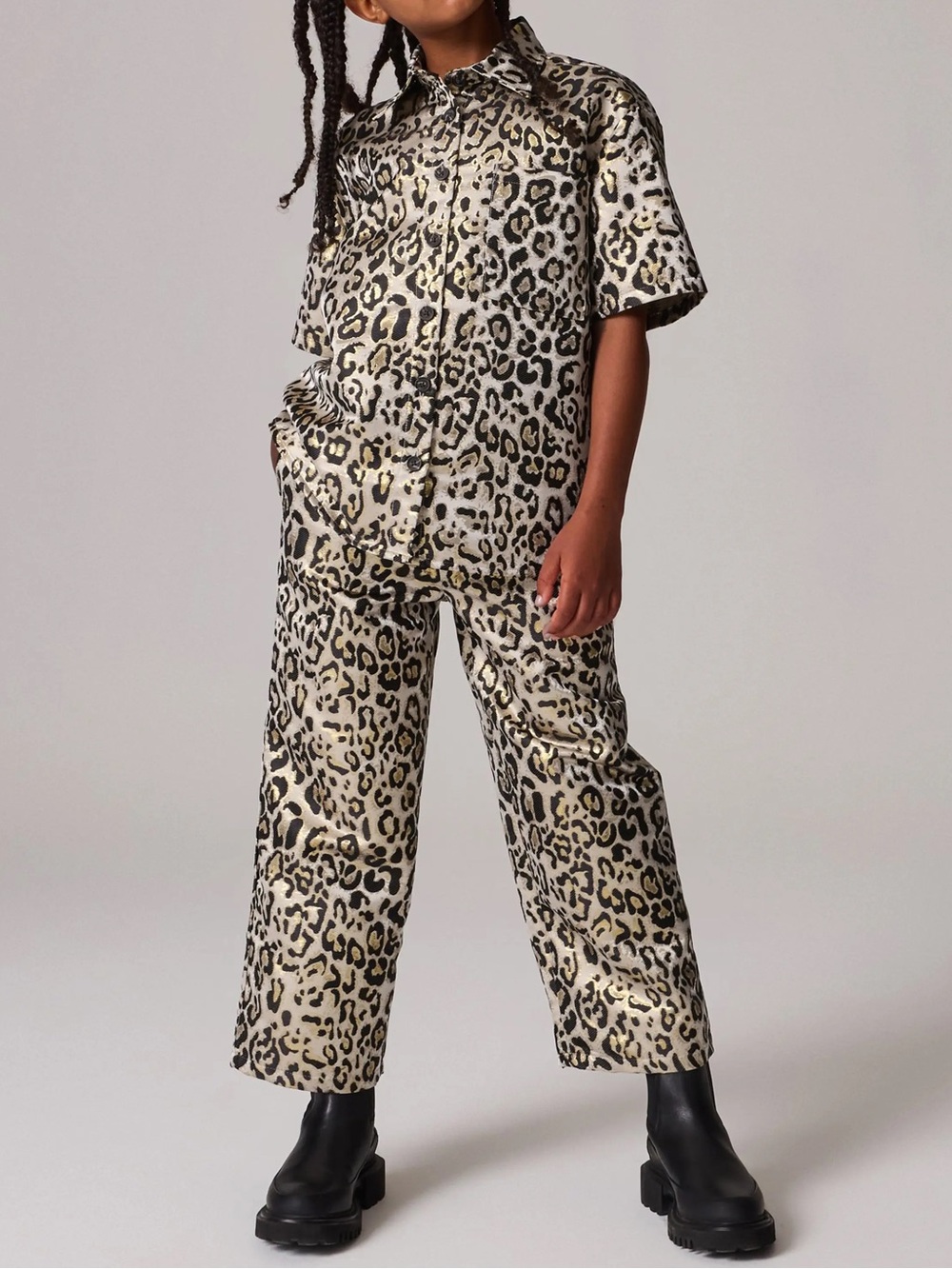 NWT All Saints Kids' Leopard Print Button-Up Shirt & Wide Leg Pants Set 11/12